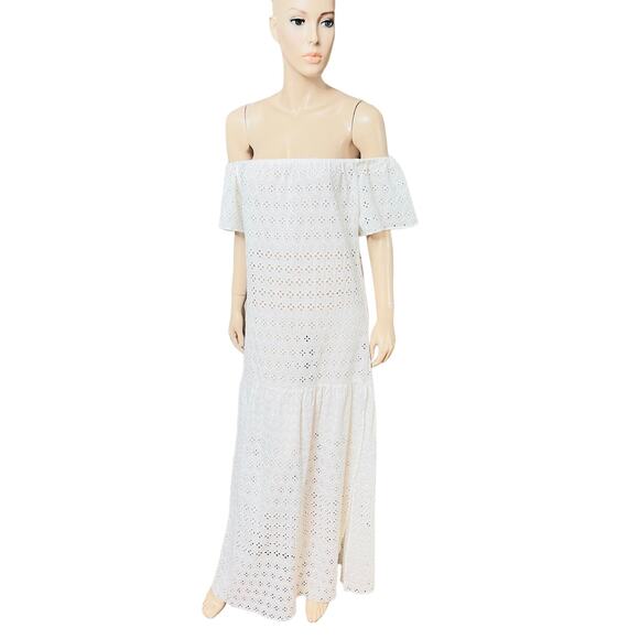 Natural Rough Cotton Off-white Eyelet Maxi Dress Size Fit L Slit on Both Sides - Picture 11 of 15